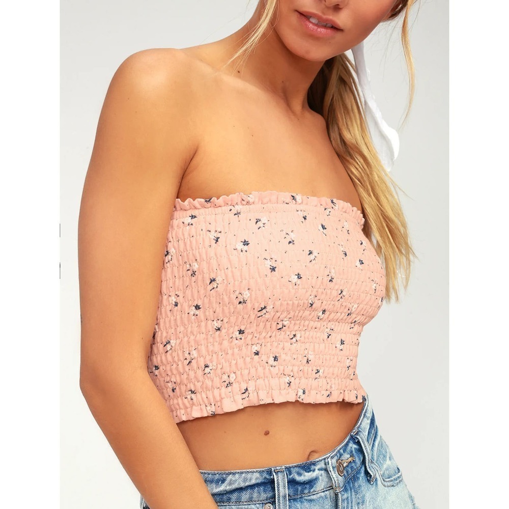 NWT Lulus Be Pacific Blush Pink Floral Print Strapless Crop top size Small